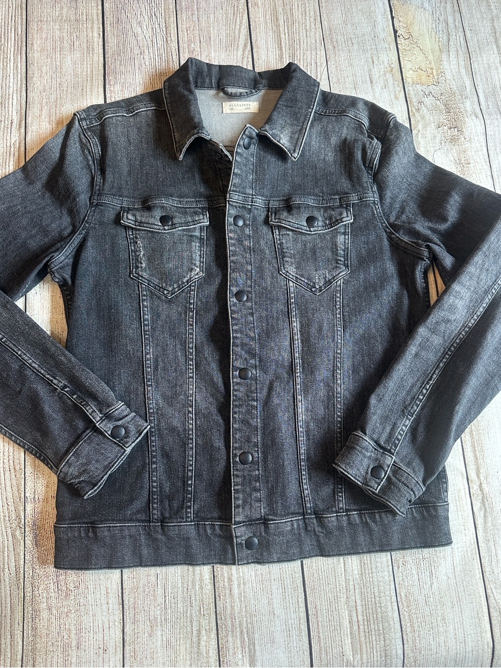 AllSaints Men’s Distressed Black Denim Trucker Jacket L